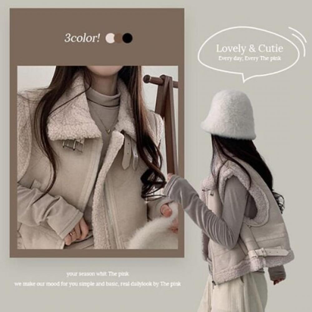 The Pink Loose Fit High Neck Buckle Shearling Vest