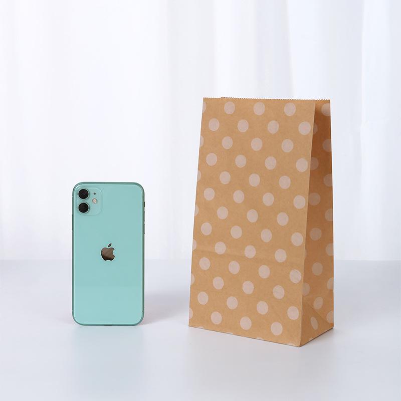 Striped Polka Dot Kraft Paper Bag with Square Bottom for Hamburger, Pastry, Takeout, and Gift Packaging.