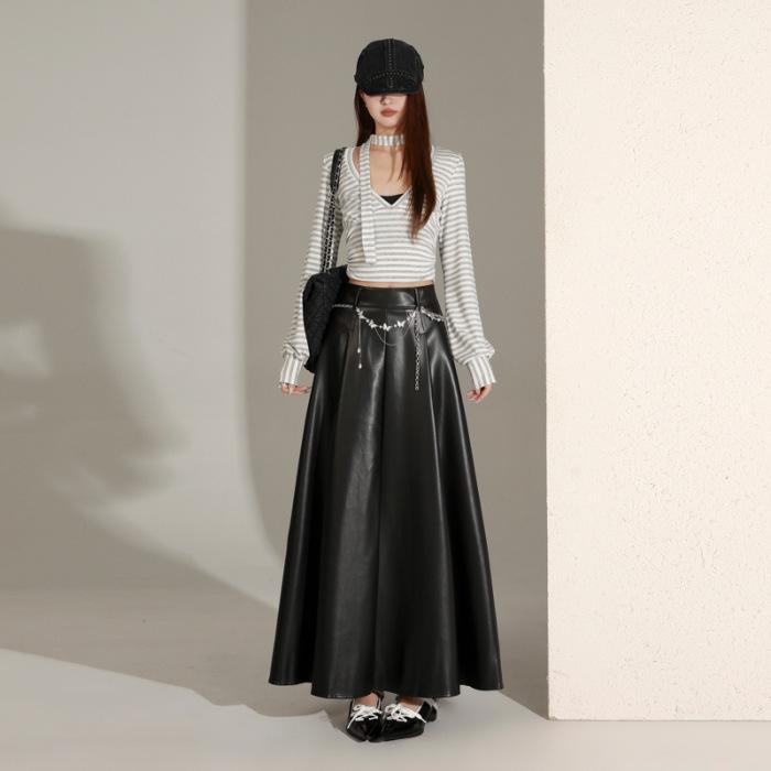 Women's High-End Retro Black PU Leather Pleated Midi Skirt - New Autumn/Winter Slim Fit, Large Swing Umbrella Style