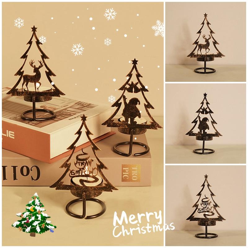 Christmas Candle Holders Xmas Tree Candlesticks Merry Christmas Iron Decoration Ornament Desktop Wooden Santa Claus Candlestick