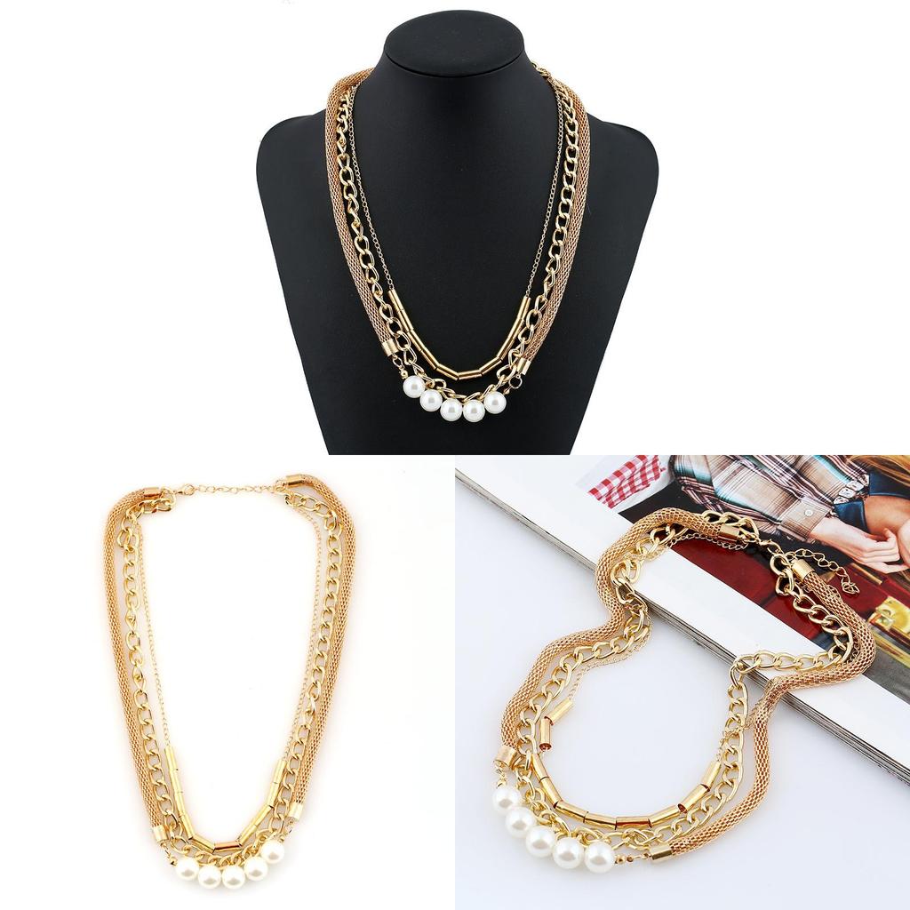 Pearl Layered Necklace For Women With Geometric Design And Water Wave Chain For Gifts And Travel