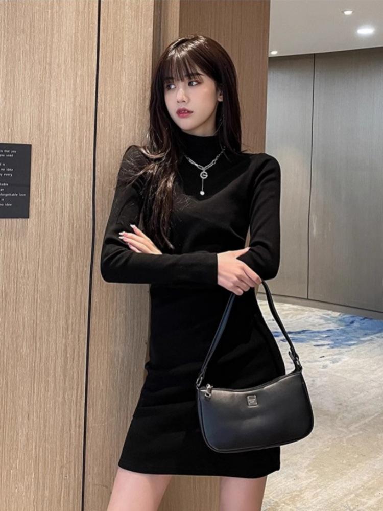 Velvet Women's Dress: Autumn/Winter Semi-High Neck, Long Sleeve, Slim Fit Hip Wrap Skirt