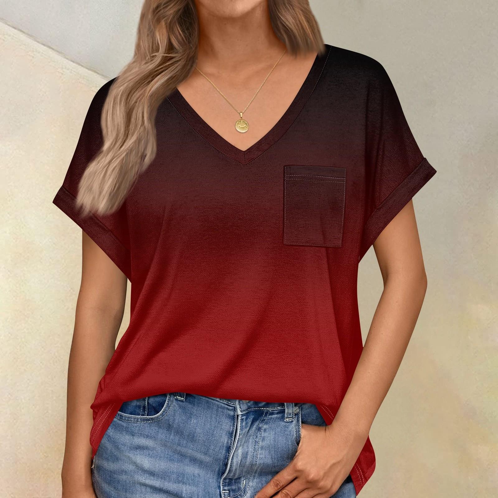 

Женские топы с коротким рукавом, рубашки с v-образным вырезом и нагрудными карманами, свободные повседневные базовые футболки, летняя одежда XL винный