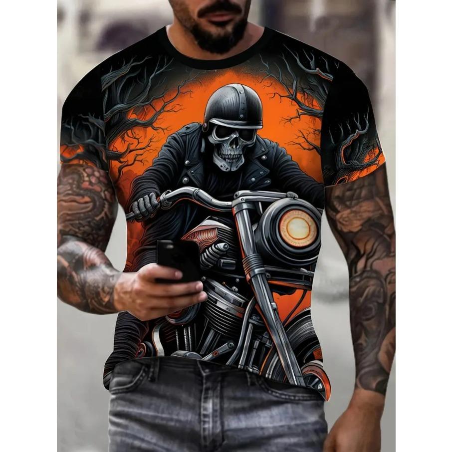 Moto Men's Casual 3D Print Loose Round Neck Short Sleeved T-shirt Top
