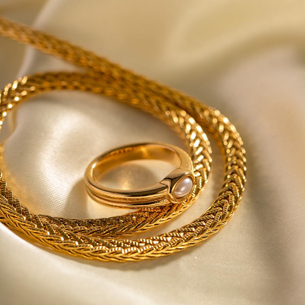 18k Gold Double-Layer Pearl Ring - Stylish European/American Design, Durable Stainless Steel