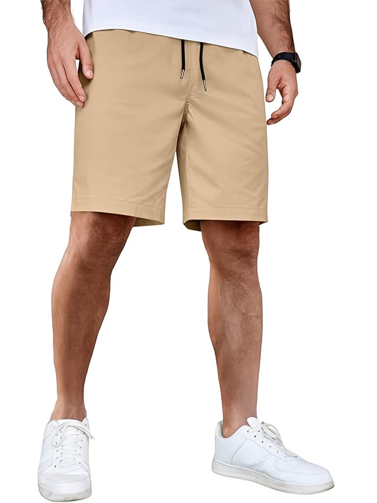 Men's Solid-color Suit Shorts with Leather Label Drawstring Casual Multi-pocket Capre Shorts