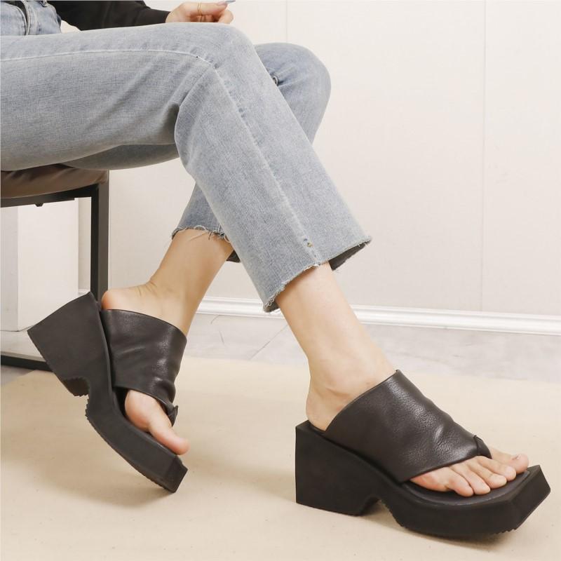 Fashion GKTINOO 2025 Summer New Flip Flops Slippers Fashion Genuine Leather Thick Bottom High Heels Women's Wedges Shoes