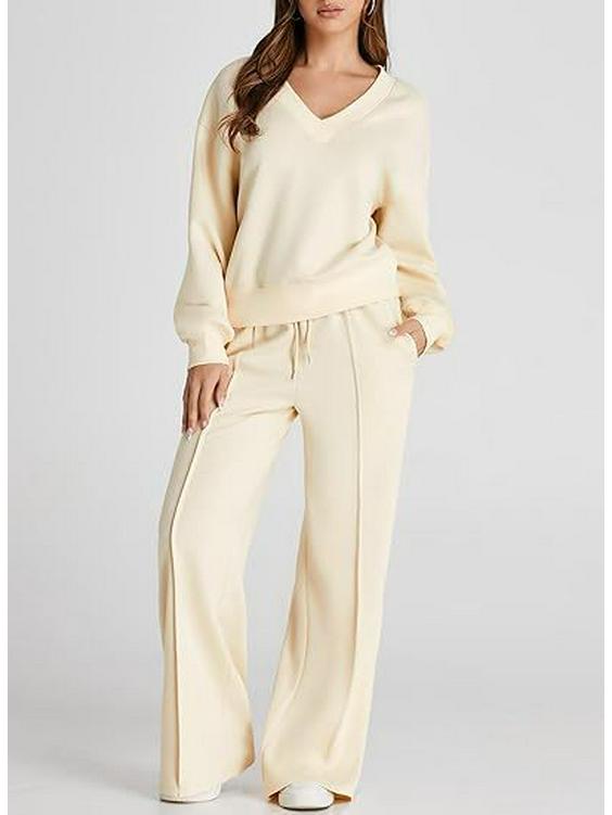 Conjunto Casual de Sudadera de Color Sólido con Cuello en V y Pantalones Largos para Mujer Otoño/Invierno 2025 - Moda Europea/Americana