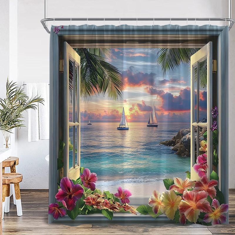 Dusk Ocean View Shower Curtains Brown Window Wooden Door Beach Sea Waves Scenery Fabric Home Bathroom Curtain Decor With Hooks
