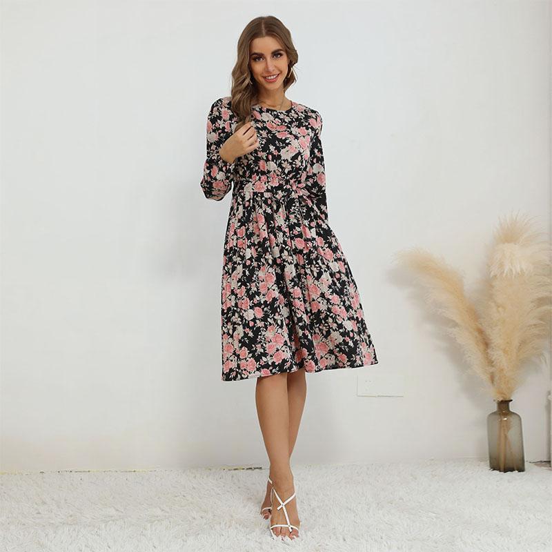 YYFS Dámská móda Léto Jaro Květinový potisk Ležérní šaty s dlouhým rukávem do O s výstřihem