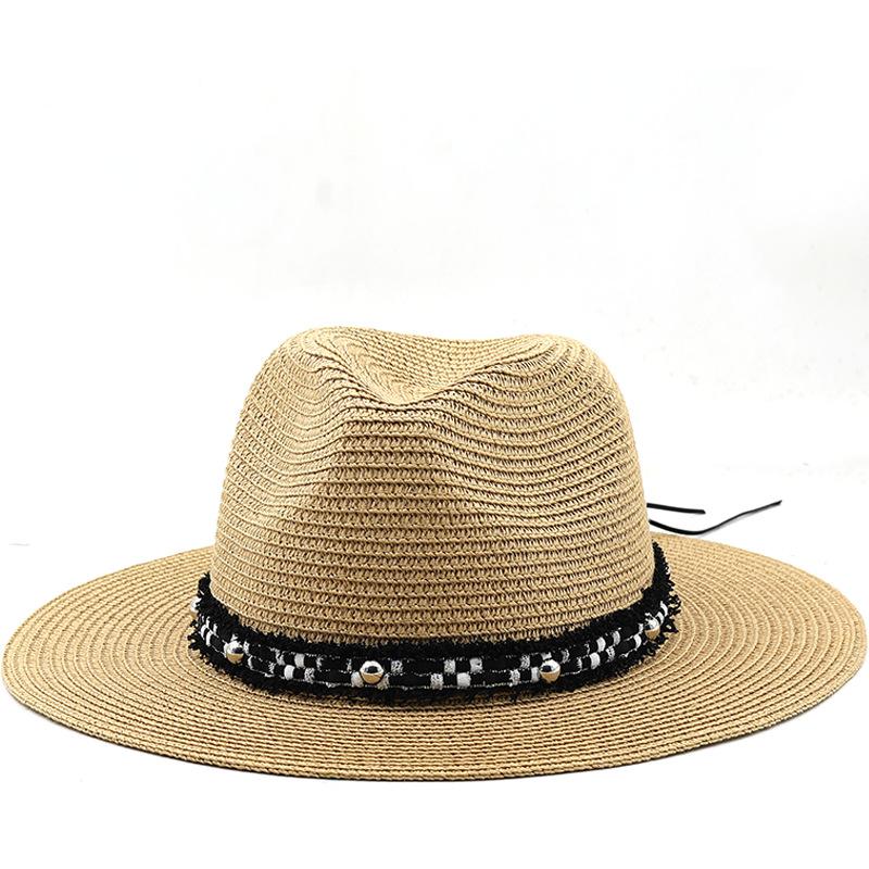 Summer men's and women's straw hats ins fashion black bead sun hats Panama straw hats retro bohemian sun hats