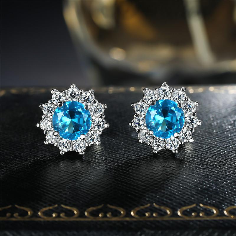 Cute Female Small Red Round Earrings Crystal Stone Fashion Silver Color Wedding Double Stud Earrings For Women