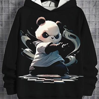 Boy 3D Printed Tai Chi Panda Martial Arts Pattern Hoodie - Black and White Digital Cartoon Long Sleeve Shirt