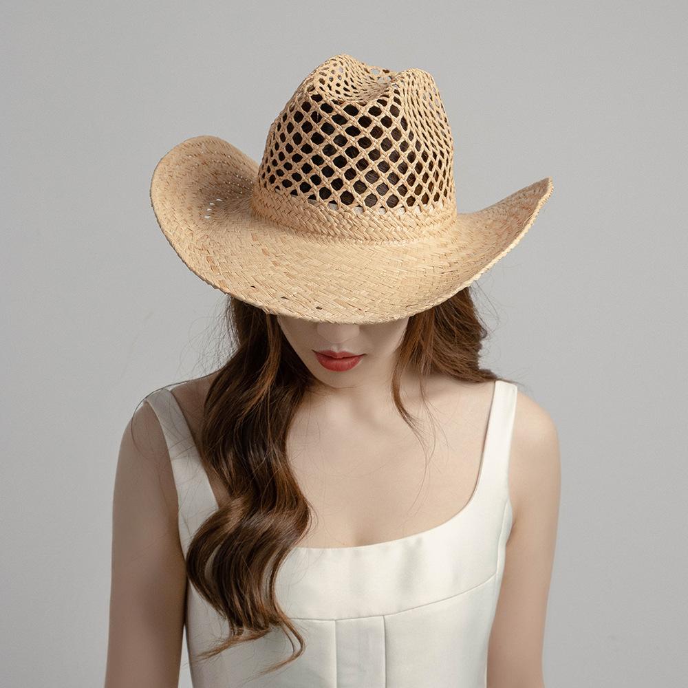 Unisex Summer Sun Hats Natural Straw Hats Hollow Hand-woven Raffia Cowboy Hat Two Sizes Available