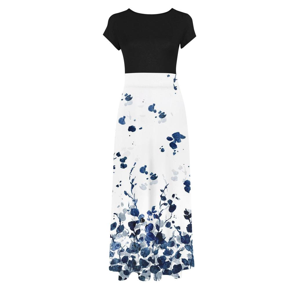 Women's Summer Fashion Casual Vintage Printed Crewneck Short Sleeve Maxi Skirt
