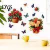 Easy to Apply Floral Decal Set Rose Flowers Wall Stickers with Butterflies, PVC Waterproof Decals, Removable Creative Soft Decoration Gifts