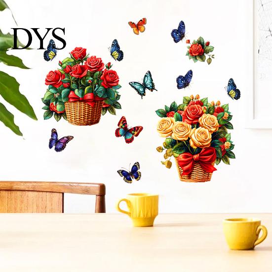 Easy to Apply Floral Decal Set Rose Flowers Wall Stickers with Butterflies, PVC Waterproof Decals, Removable Creative Soft Decoration Gifts