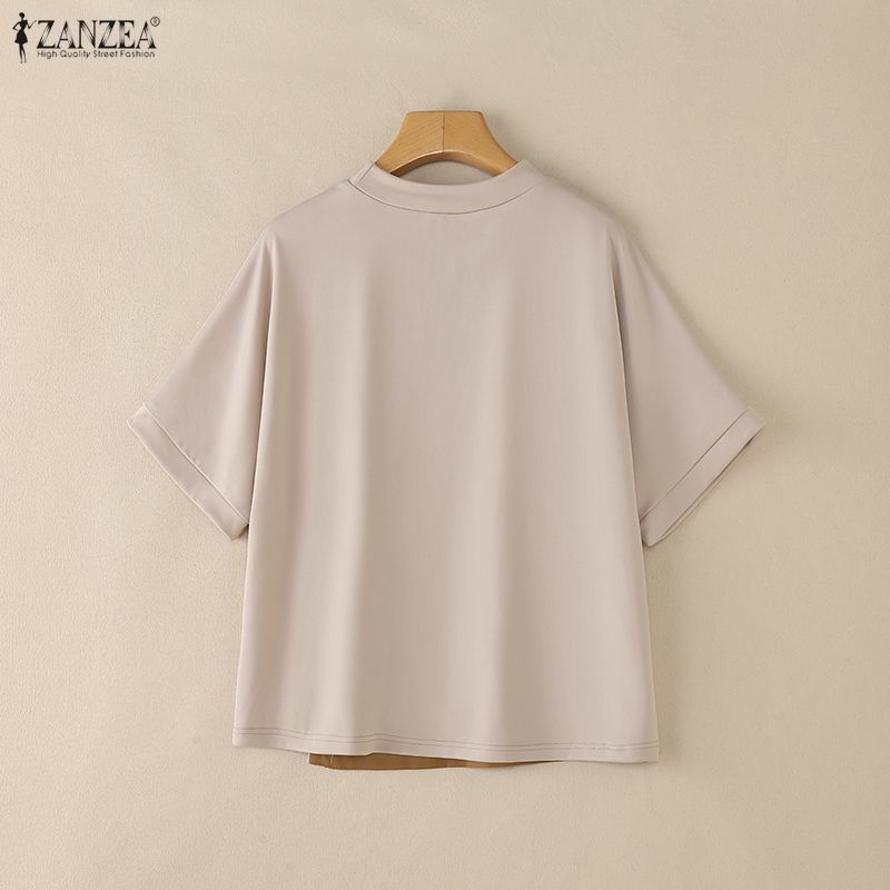 ZANZEA Women Casual Stand Collar Short Sleeve Patchwork Tee Shirts