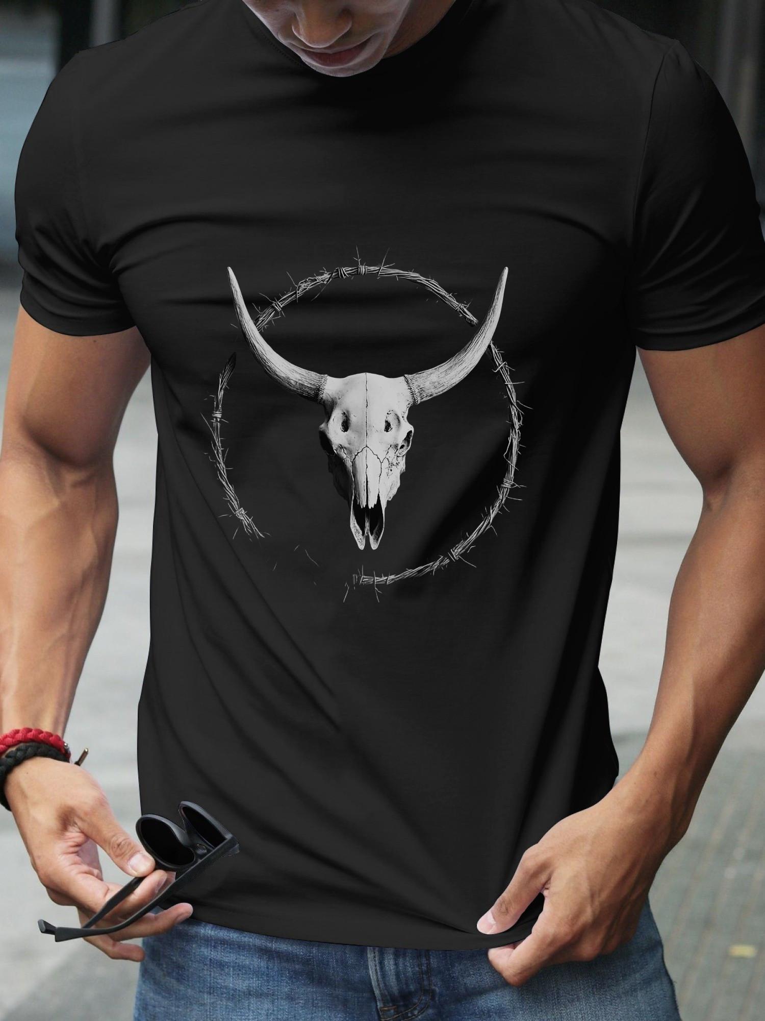 Longhorn Skull & Barbed Wire Graphic Black T-shirt - 180g Cotton Crew Neck Short Sleeve XXL