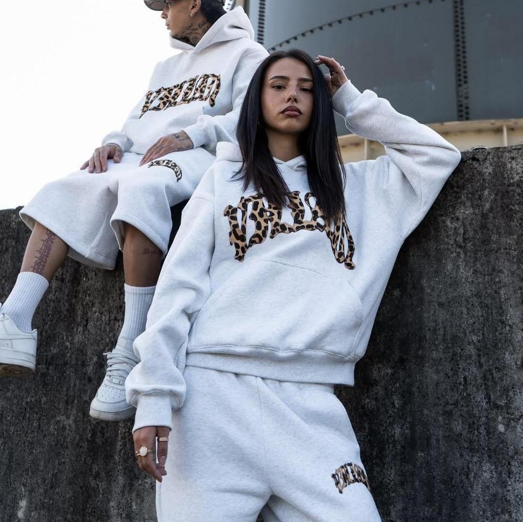 Men Women Leopard Patch Letter Hoodie Oversized Streetwear Pullover Hooded Sweatshirt