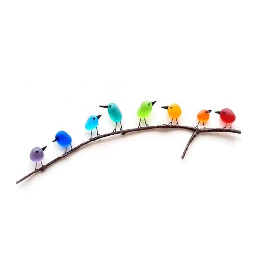 Sea Glass Rainbow Birds Decoration Standing on The Branch Cute Min Colorful Resin Bird Wall Art Ornament Living Room Bedroom Home Decor