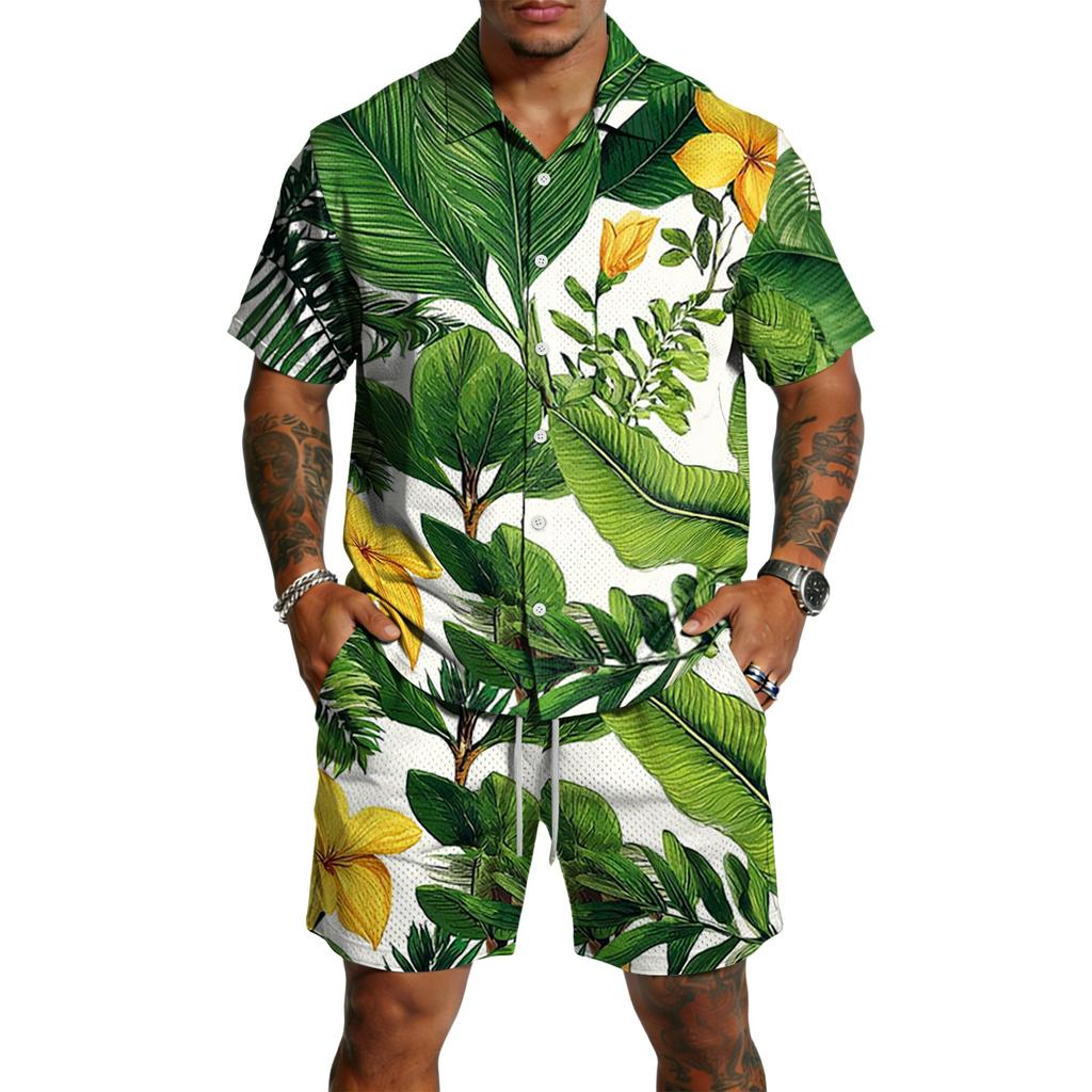 Men's Casual Printed Lightweight Breathable Shirt and Drawstring Shorts Set