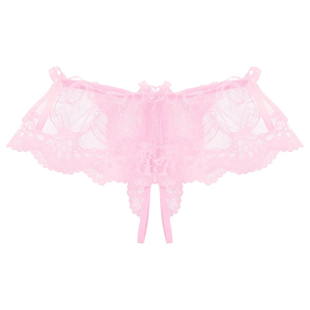 Men's Mesh Sheer Lace Skirted G-String Thong Sissy T-Back Briefs Bowknot Underwear