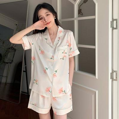 Damen Nachtwäsche Set Sommer Blumen Pyjama Set für Frauen koreanische Kunstseide Spitze Pijama Set junges Mädchen Lose Taille Shorts Pyjamas