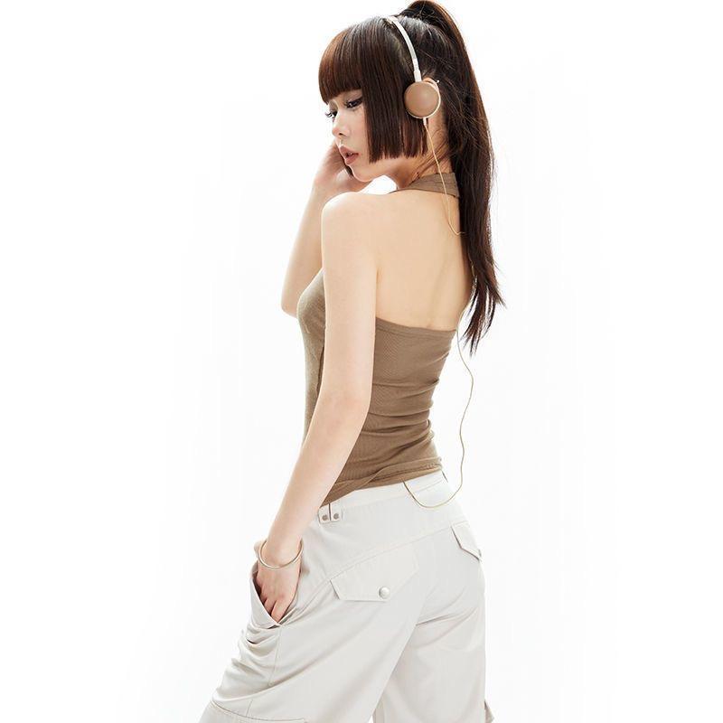 Retro Monogrammed Choker Vest Polyester Hanging Neck High Street Crop Tops Knit Tank Top Open Back Sexy Backless Red Top Women