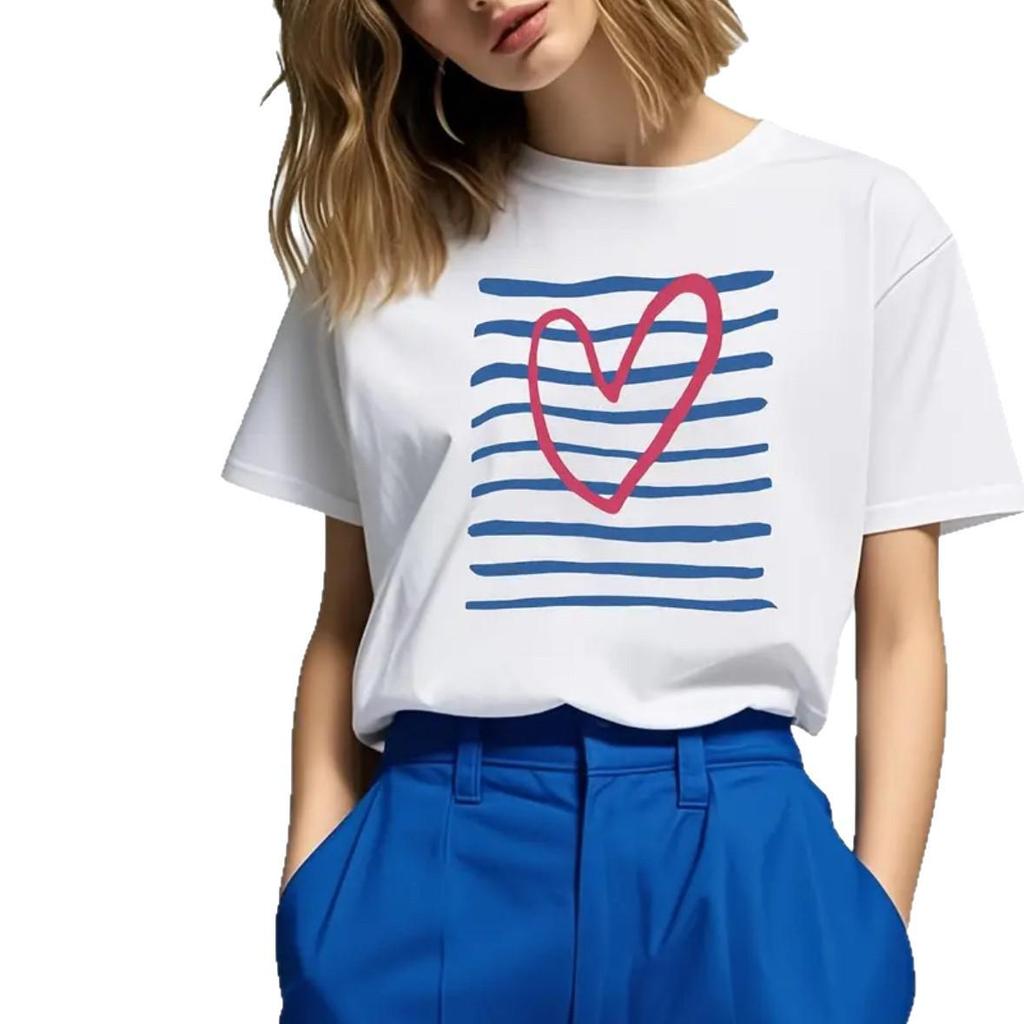 Blue Bar Red Heart European-American Short-Sleeve Printed Women's Summer Casual T-Shirt
