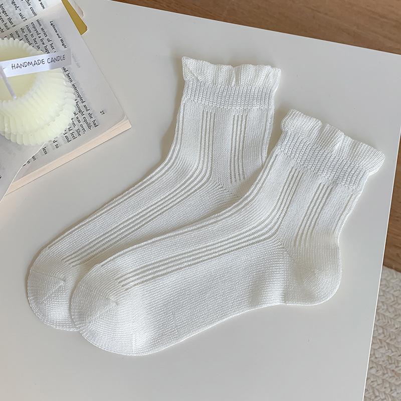 

Женские весенне-летние тонкие простые модные носки из хлопка средней длины с сеткой и кружевом для работы 1 pair чистый белый