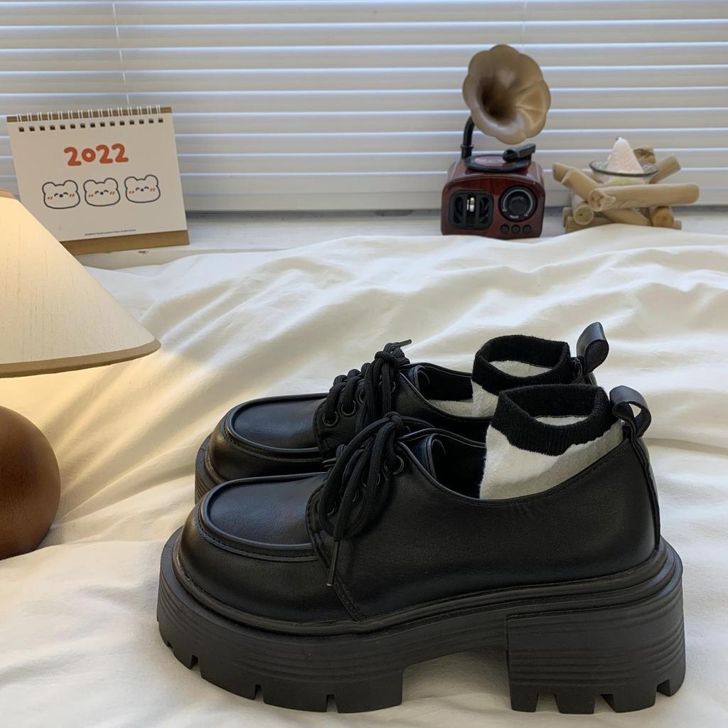 Thick Heel Heightened Platform Small Leather Shoes Women's Spring and Summer New Retro Versatile Lace-up Single Shoes
