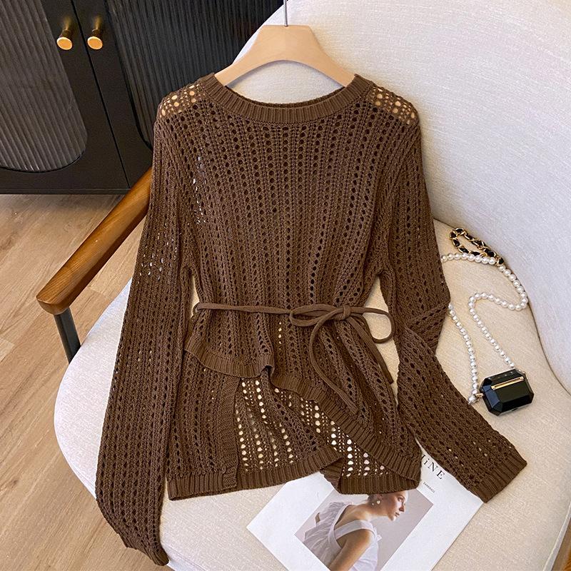 

Women s Knitted T-shirt Irregular Hollowed Out Sunscreen Ice Silk Shirt Summer Round Neck Top 2XL темно-коричневого кольору