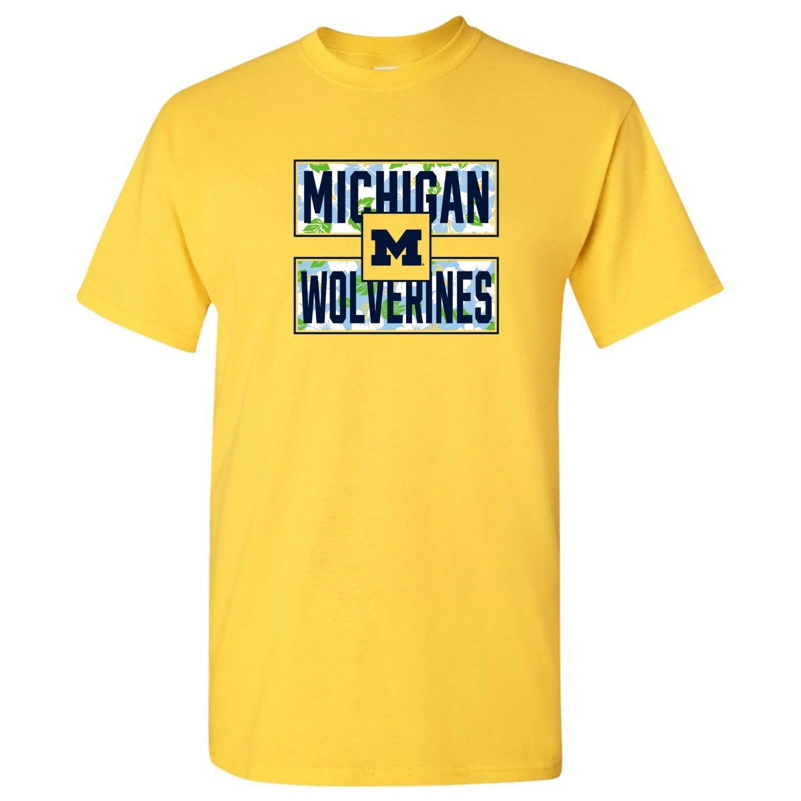 Michigan Wolverines Hibiscus Pattern Blocks T Shirt - Daisy 4XL