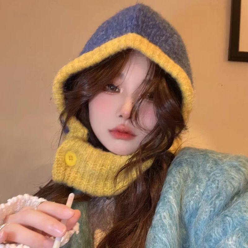 Japanische Herbst-Winter-Mütze und Schal im Partnerlook für Damen und Paare mit Ohrenschutz, Strickmütze im trendigen Stil
