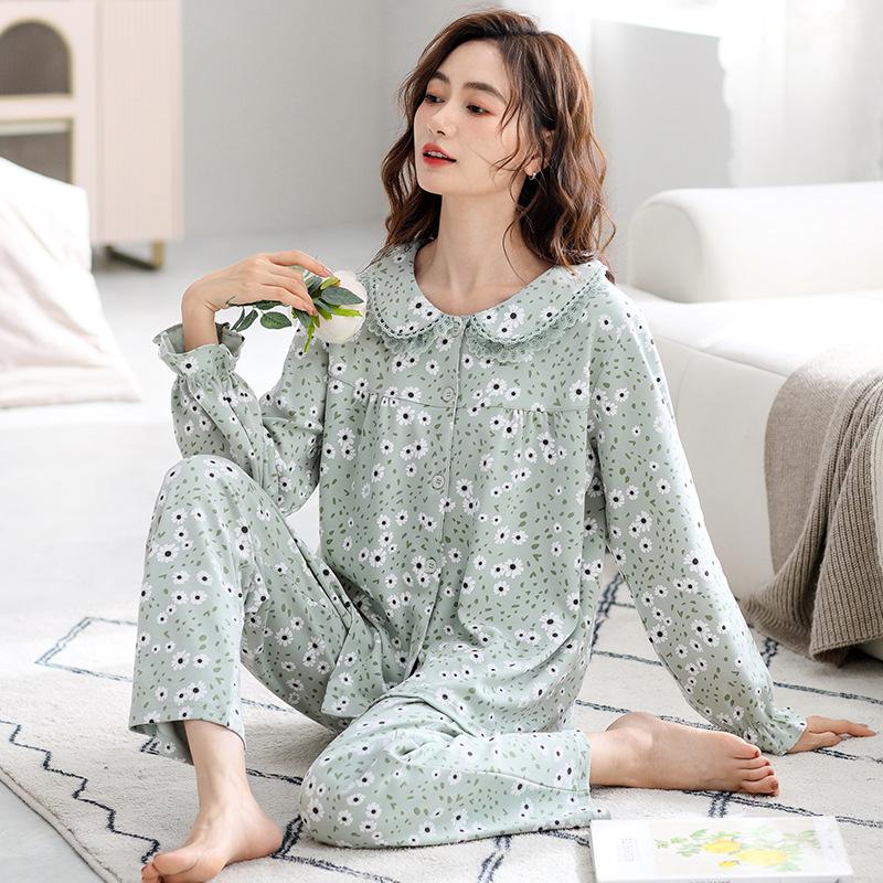Pajamas Women'S Autumn Pure Cotton Long-Sleeved Crew Neck Cardigan Loungewear Medium Cotton Spring And Autumn Can Be Worn Outside Loungewear