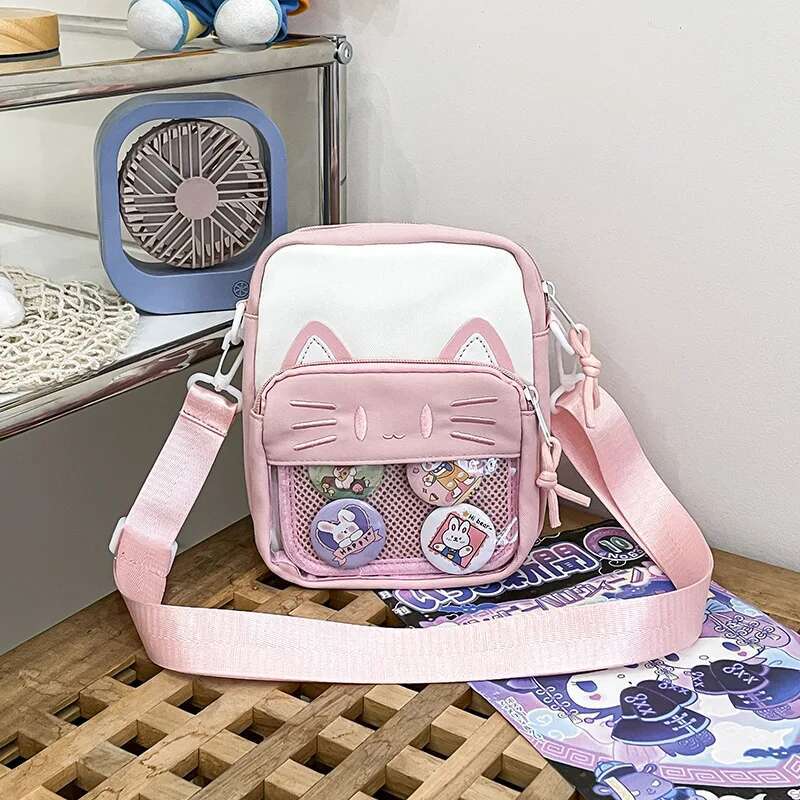Y2K Cute Cartoon Cat Ita Shoulder Bags Mini Women Casual Crossbody Bag Kawaii Girls Transparent Pocket DIY Display Nylon Handbag