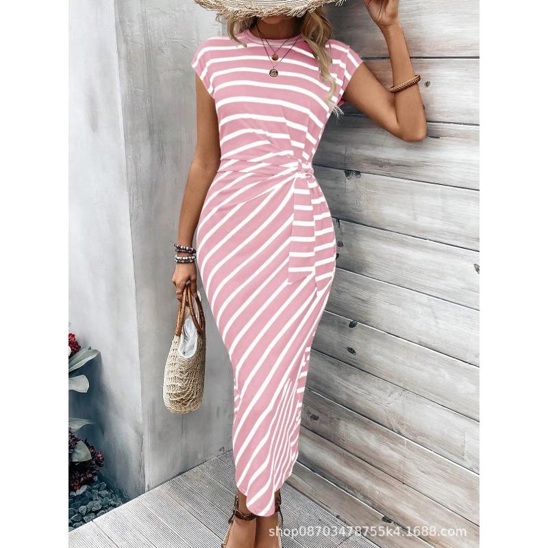 

Temperament elegant waist strap striped crew neck short sleeve long dress summer women s high-end women s clothing skirt S