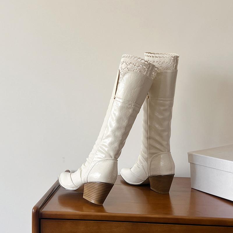 Fashion Autumn Winter Fashion Pleated Design Women Knee-High Boots Vintage Faux Suede Lace High heels Western Cowboy Long Booties Shoes