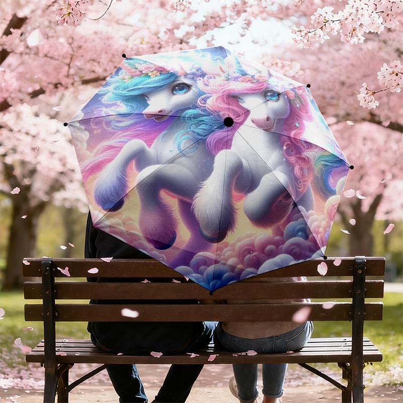 1pc Unicorn Twins Umbrella Portable Folding Umbrella Iron Frame Hole Bone Structure Outdoor Home Umbrella