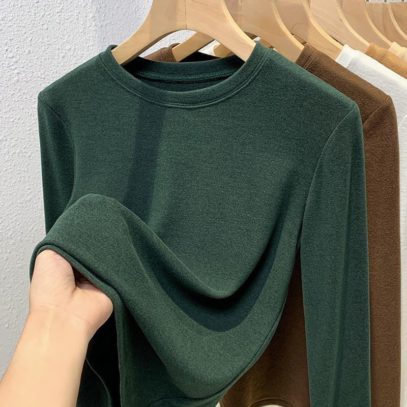 Double Sided German Velvet Base Shirt for Women's Autumn and Winter Basic Round Neck Brushed Long Sleeved Warm Inner Elastic Top