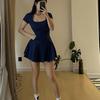 Rochie Mini de Vară Culoare Uni, Decolteu Pătrat, Mânecă Scurtă, Croială A, Purtare Pură