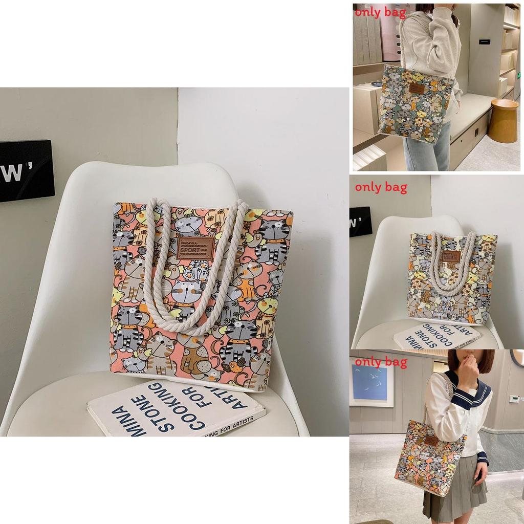 Cute Cartoon Cat Pattern Women Casual Large Capacity Canvas Bag For Daily Use And Street Fashion