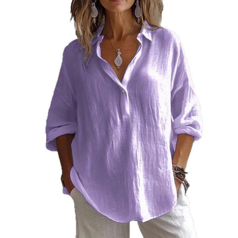 Solid Color Casual Loose Long Sleeved Linen Shirt for Women