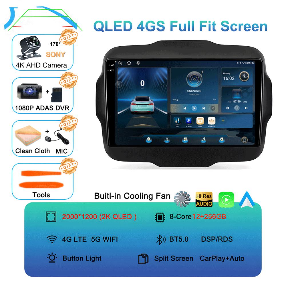 Car Radio Android 14 Carplay For Jeep Renegade 2016 2017 2018 2019 2020 Navigation GPS Multimedia Player Stereo WiF+4G 360Camera