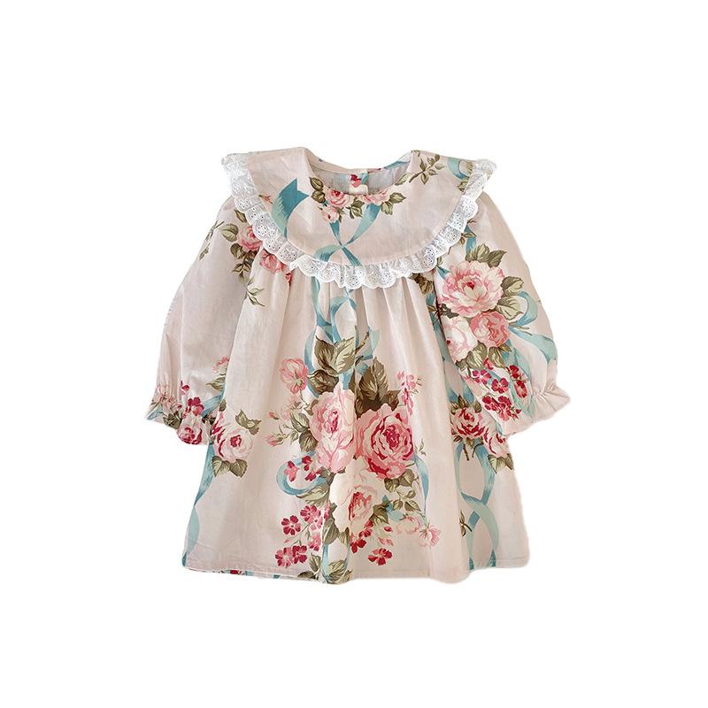 Spring Girls Long Sleeve Dress With Floral Ruffle Collar And Lace Trim Baby Toddler Casual Party Dress 90cm