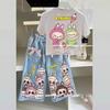 Girls Summer Cartoon Short Sleeve T Shirt And Bow Jeans Cute Two Piece Set