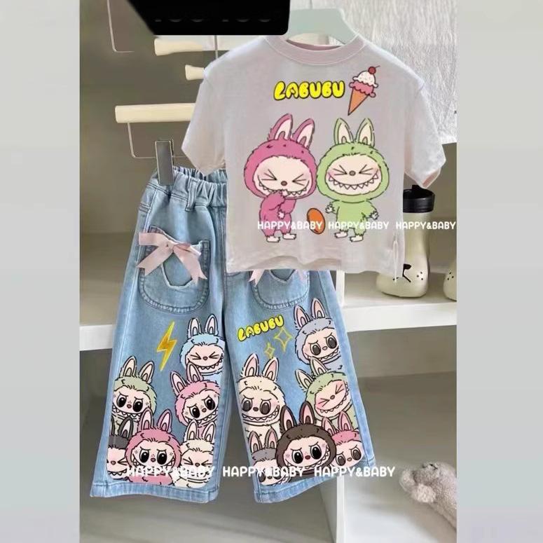 Girls Summer Cartoon Short Sleeve T Shirt And Bow Jeans Cute Two Piece Set