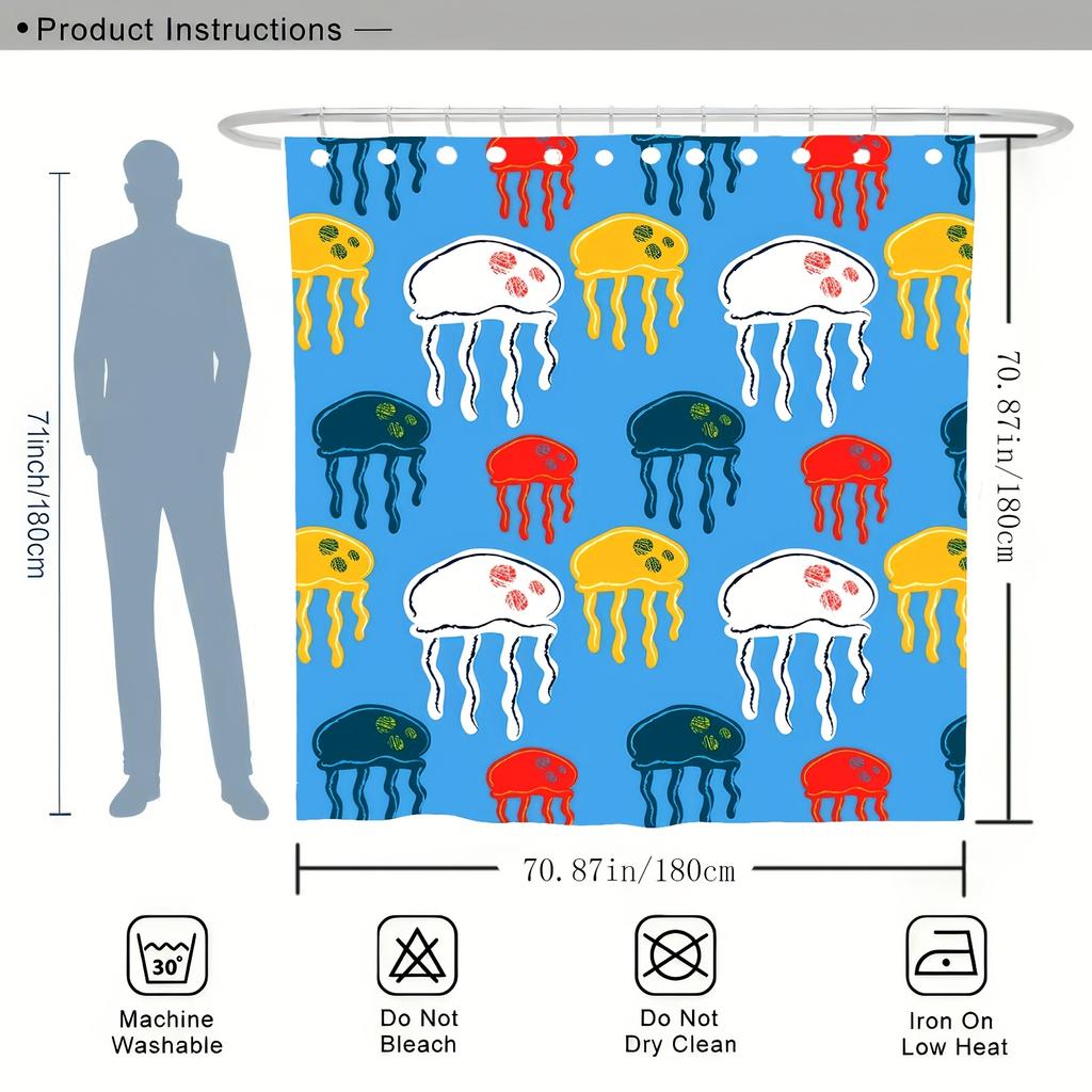 Jellyfish Cartoon Digital Print Shower Curtain, Machine Washable, Reversible Polyester, All-Season Bathroom Decor