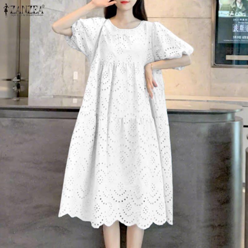 ZANZEA Women Casual Round Neck Lace Crochet Patchwork Summer Half Sleeve Dress